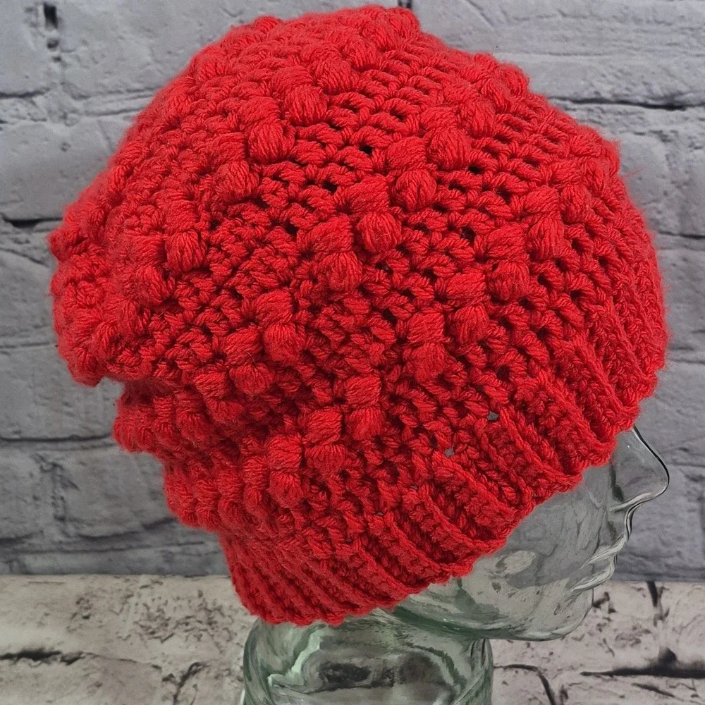 Handmade With Love Beanie Hat Orange Bubble Knit One Size Winter Ski Cap